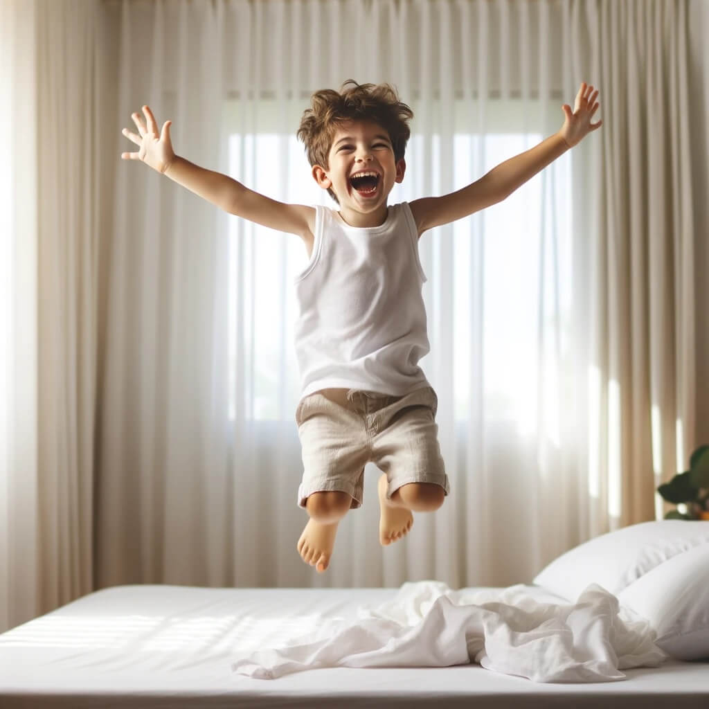 young boy having a joyful moment, jumping on a bed with a big smile on his face. He is in mid-air, arms outstretched